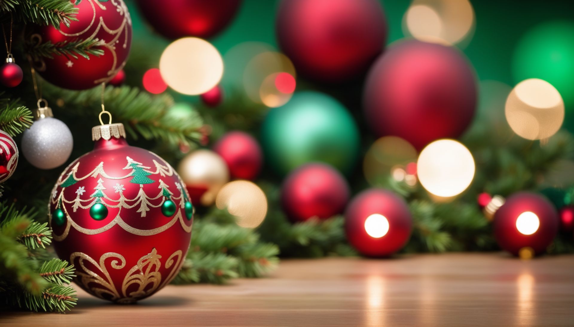 Christmas Tree, Red and Green Ornaments, Christmas Lights, Background