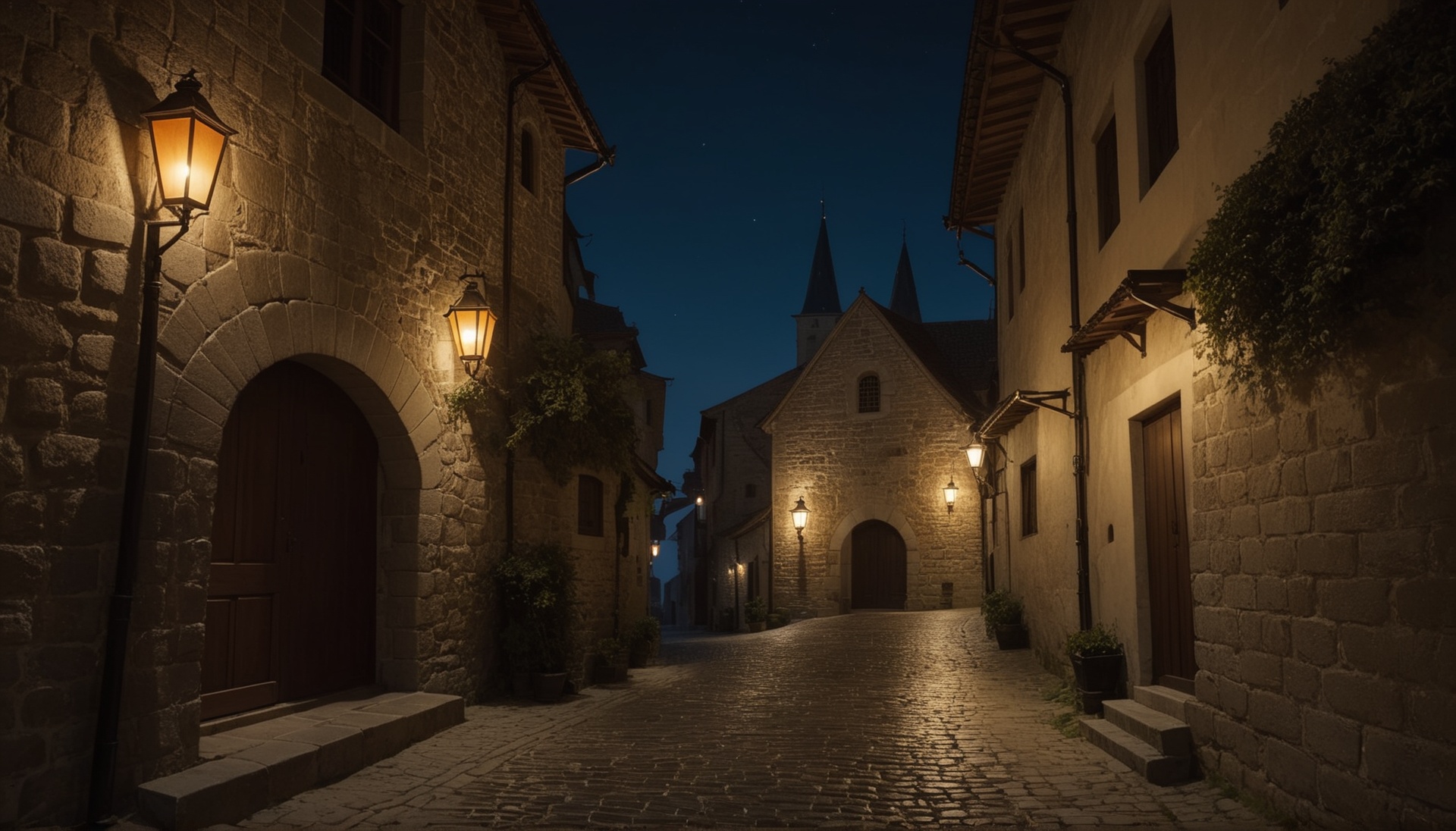 Winding cobblestone alley, medieval city lit by lanterns at night ...