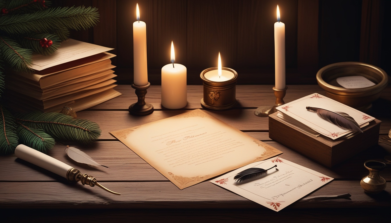 aged wooden office desk, candle, feathered quill rests beside an