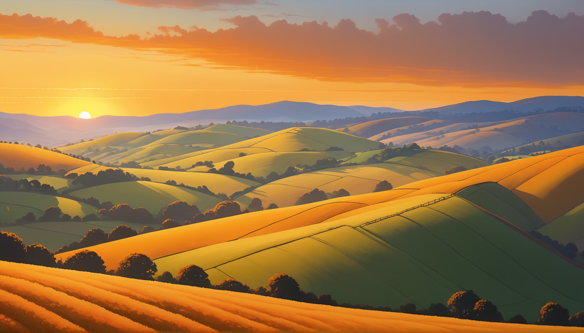 Sunrise over rolling hills, Warm yellows, oranges glow over the land ...