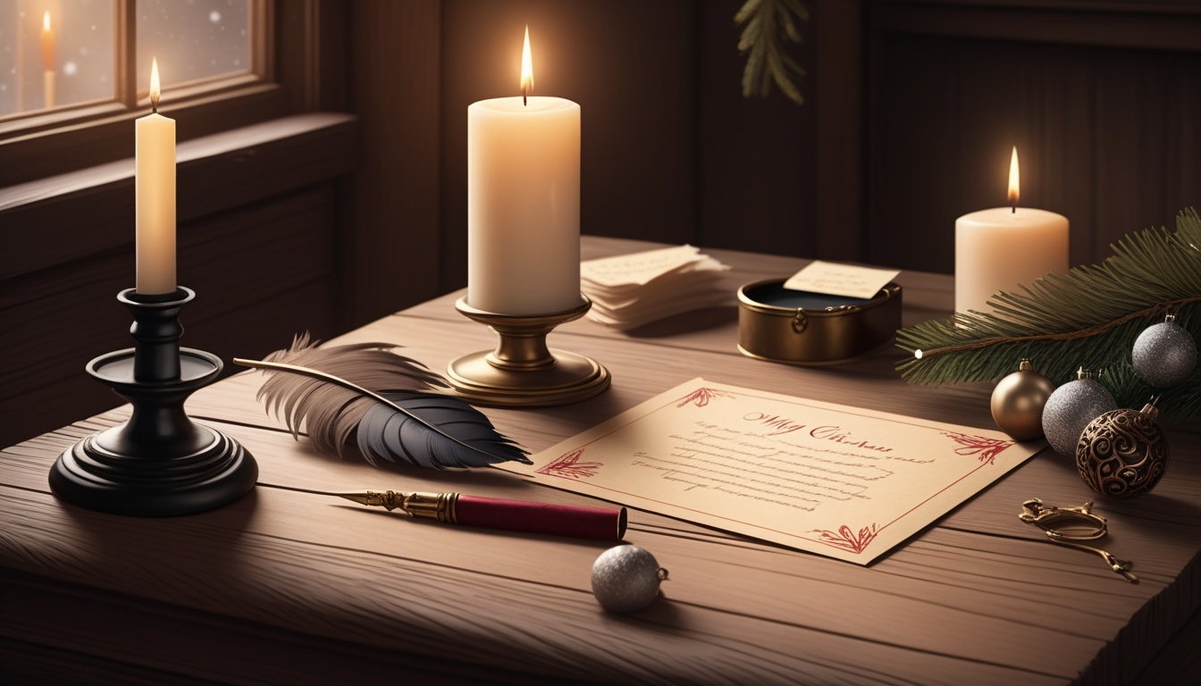 aged wooden office desk, candle, feathered quill rests beside an