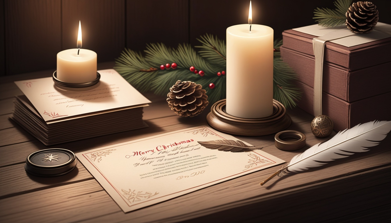 aged wooden office desk, candle, feathered quill rests beside an