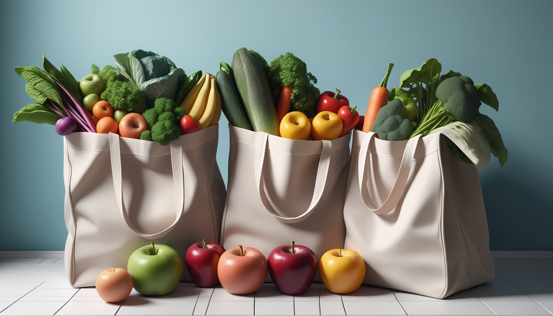 Reusable, canvas grocery bags, fresh produce, avoiding plastic waste