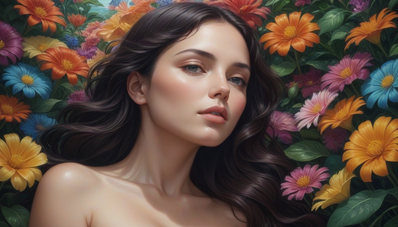 woman is immersed in a sea of vibrant, photorealistic flowers. The