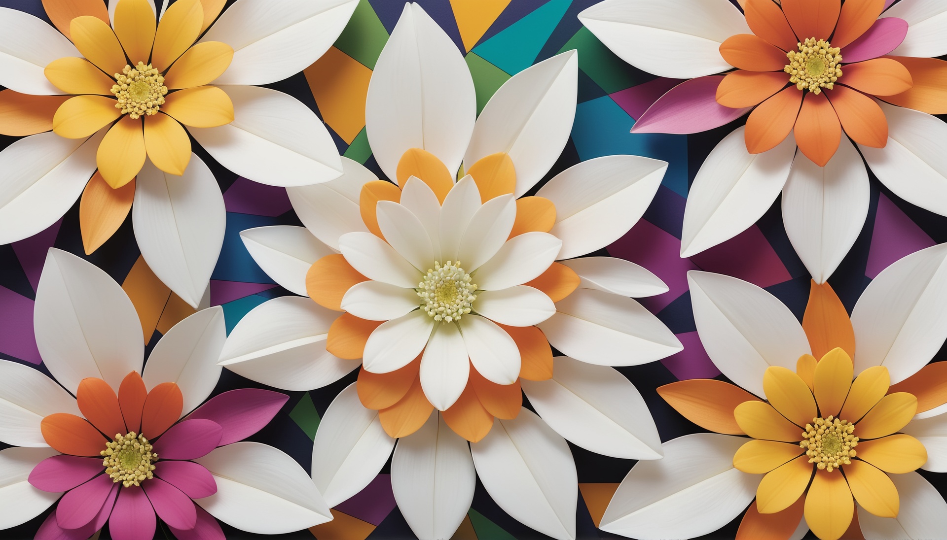White flowers with colorful geometric designs as petals, background