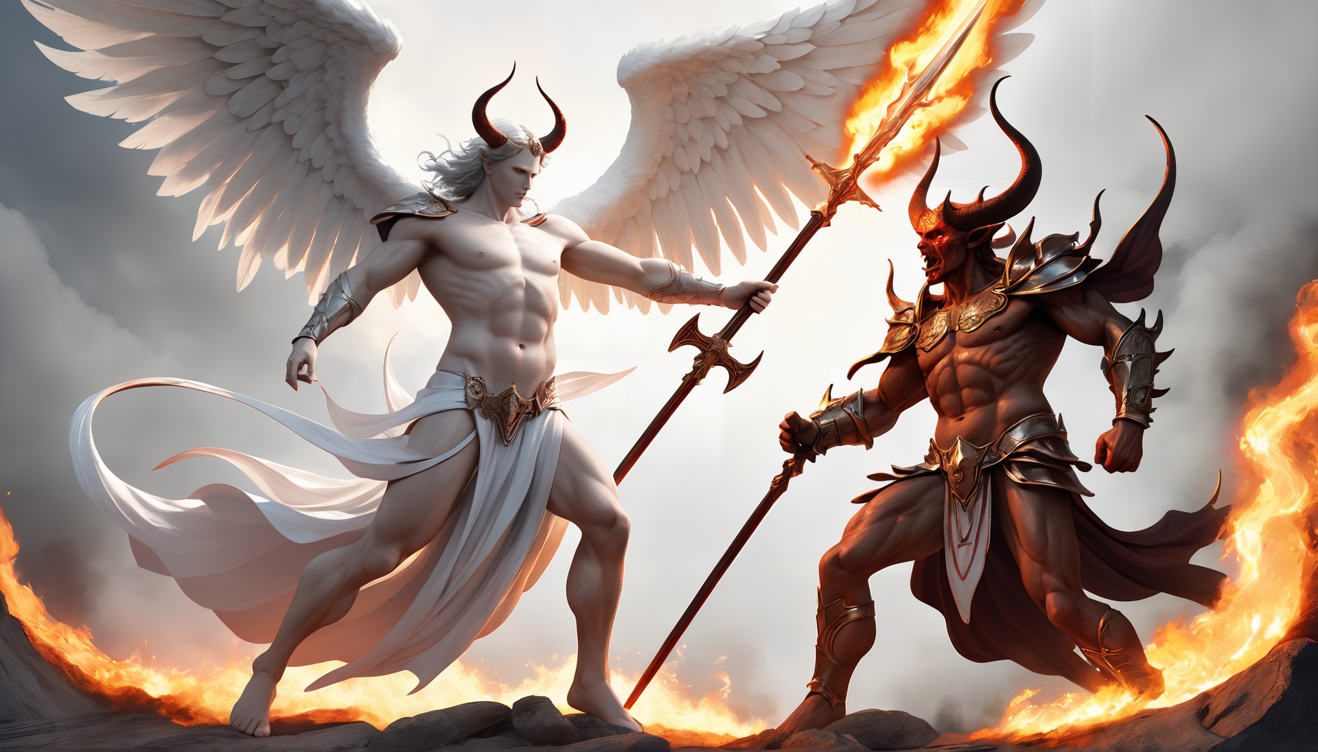 An angel with white wings, flowing robes battles a grotesque horned ...