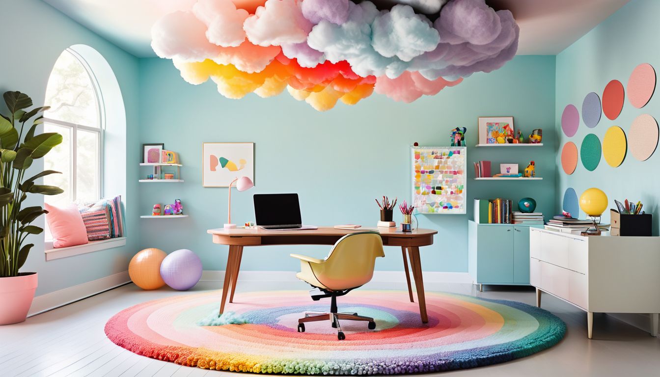 whimsical workspace featuring a circular, rainbow-patterned rug, a desk ...