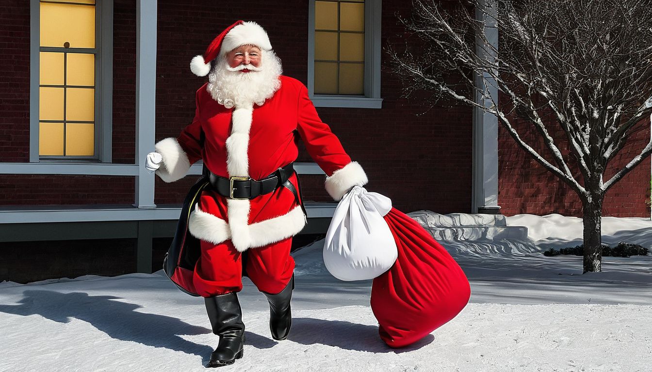 Santa Claus wearing a traditional red suit with white fur trim, a wide  black belt, and shiny black boots. He carries a large, overflowing sack of  toys on his back - Stable