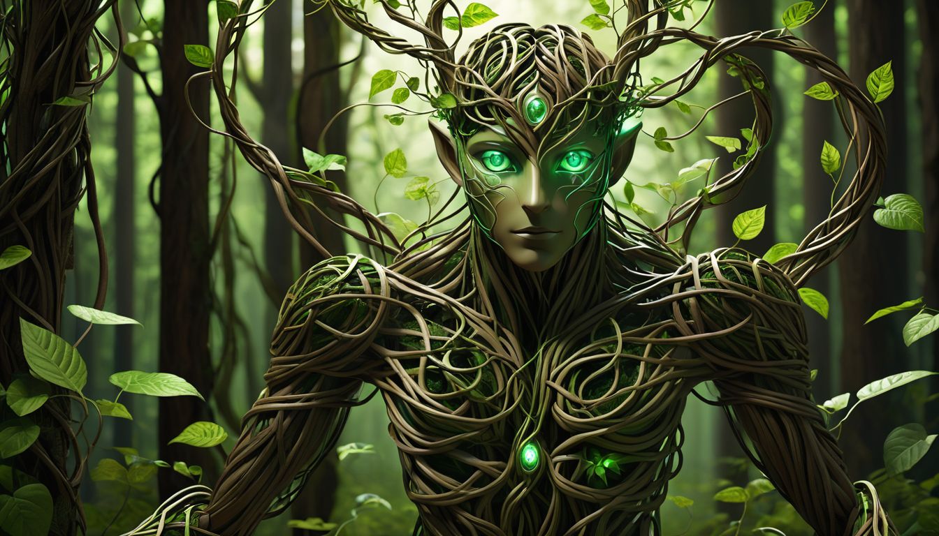 forest guardian, a humanoid figure made of intertwining vines and